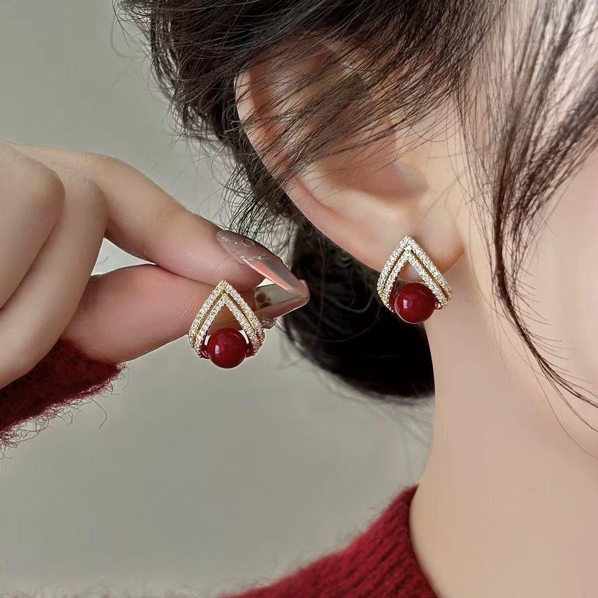 925 シルバー針韓国ファッションワインレッドパールイヤリン - Pearl Earring Stud のレビューと価格