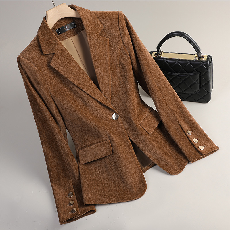 イエローゴールドベルベットブレザー女性秋冬カジュアルスーツフ - Formal Winter Wear Women Jacket のレビューと価格